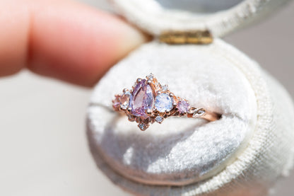 Unique Briar Rose Five Stone Pear Padparadscha Ring