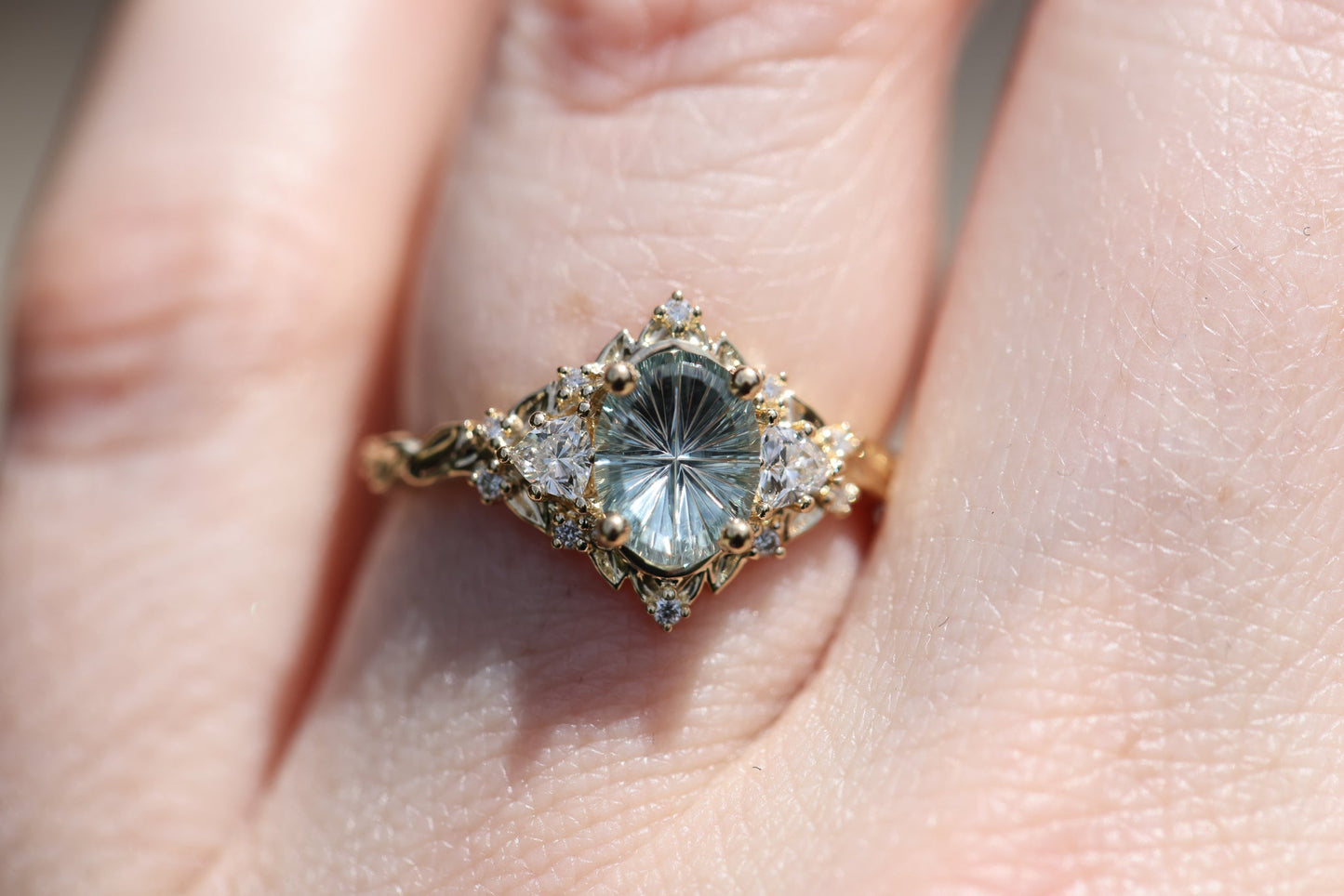 Unique Briar Rose Three Stone Starbrite Cut Oval Sapphire Ring