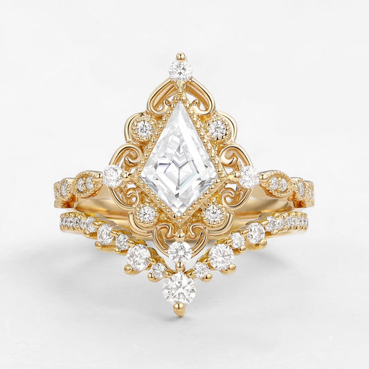 Vintage floral engagement rings Kite Moissanite Art Deco Engagement Ring Set