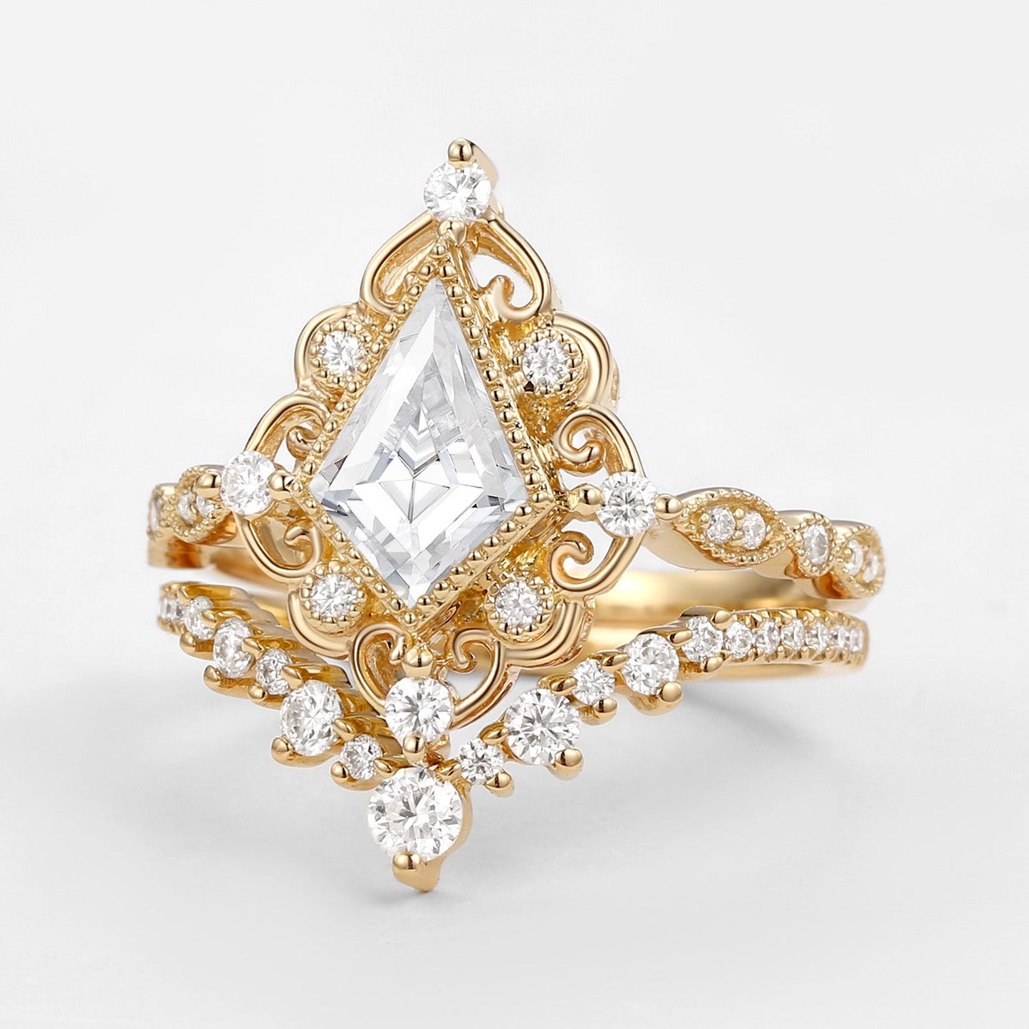 Vintage floral engagement rings Kite Moissanite Art Deco Engagement Ring Set