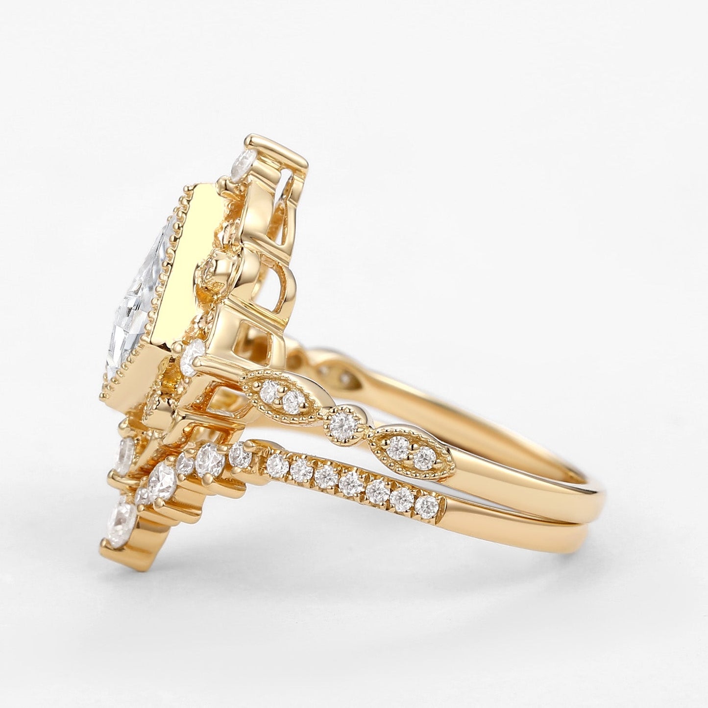 Vintage floral engagement rings Kite Moissanite Art Deco Engagement Ring Set