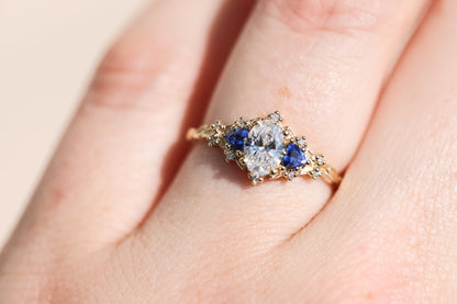 Unique Celeste Rose Oval Moissanite and Lab Sapphire Ring