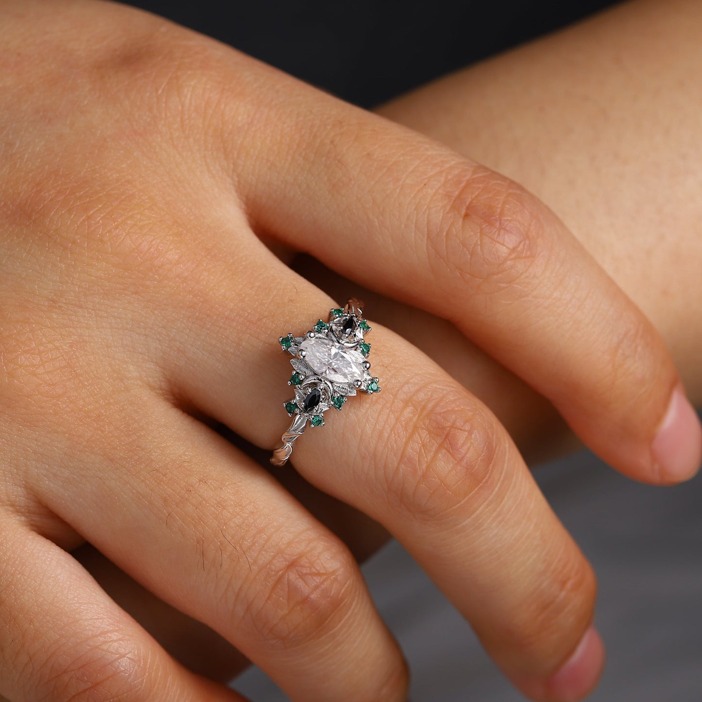 Unique Briar Moon Three Stone Marquise Moissanite and Lab Emerald Ring
