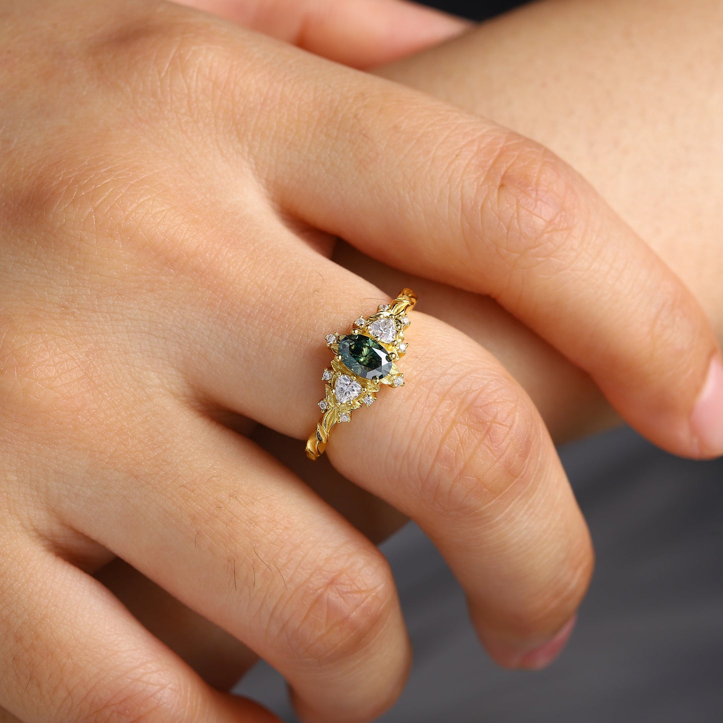 Unique Briar Rose Three Stone Oval Teal Moissanite Ring