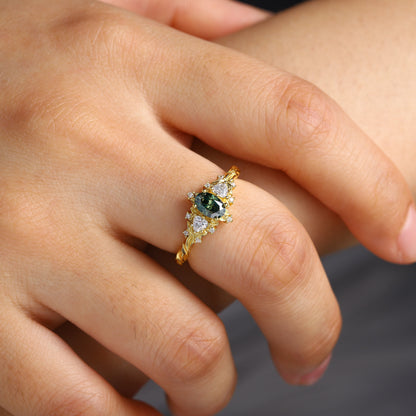 Unique Briar Rose Three Stone Oval Teal Moissanite Ring