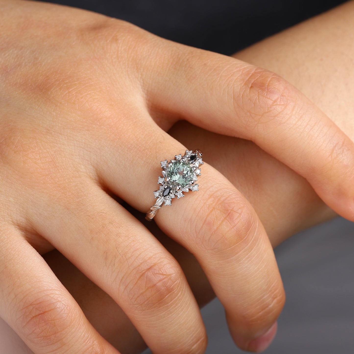 Unique Briar Rose Round Green Lab Sapphire and Black Moissanite Ring