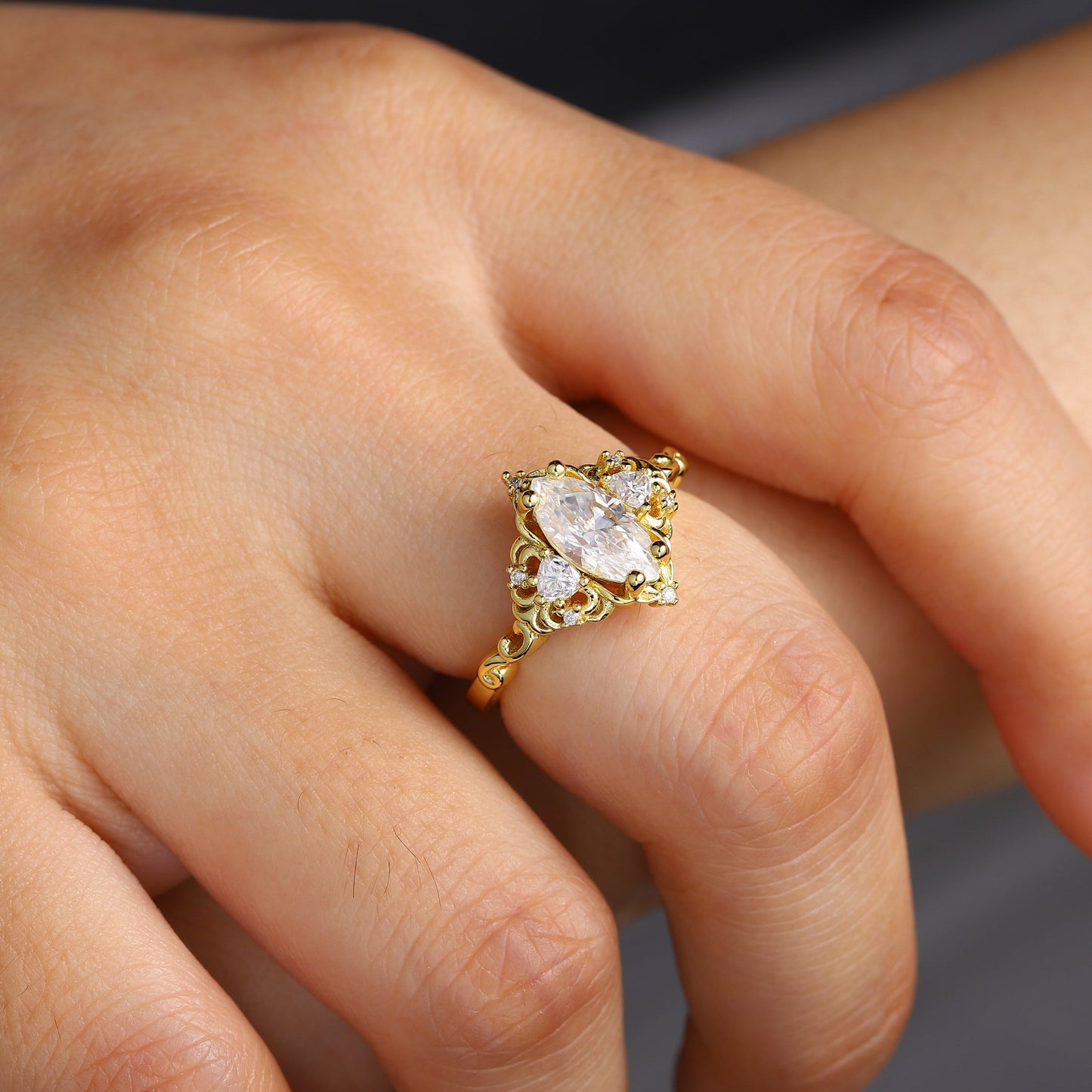 Unique Aurora Three Stone Marquise Moissanite Ring