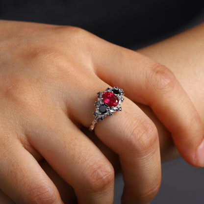 Unique Briar Rose Three Stone Oval Lab Ruby and Black onyx Ring