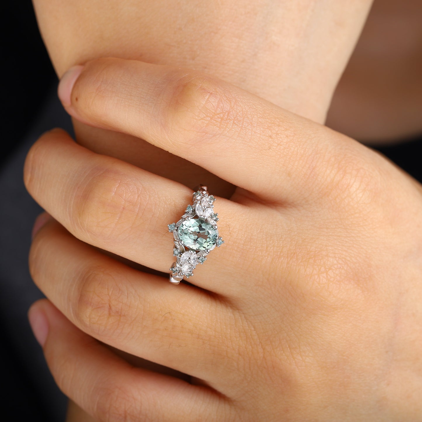 Unique Starlight Oval Green Lab Sapphire Engagement Ring