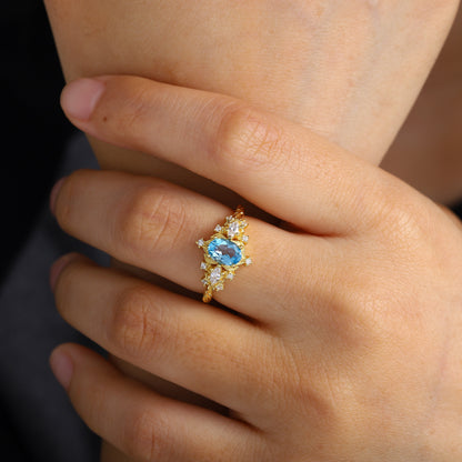 Unique Briar Rose Three Stone Oval Lab Topaz Ring