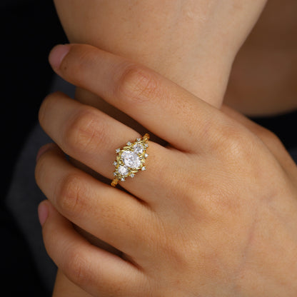 Unique floral engagement rings Briar Rose Three Stone Oval Moissanite Ring