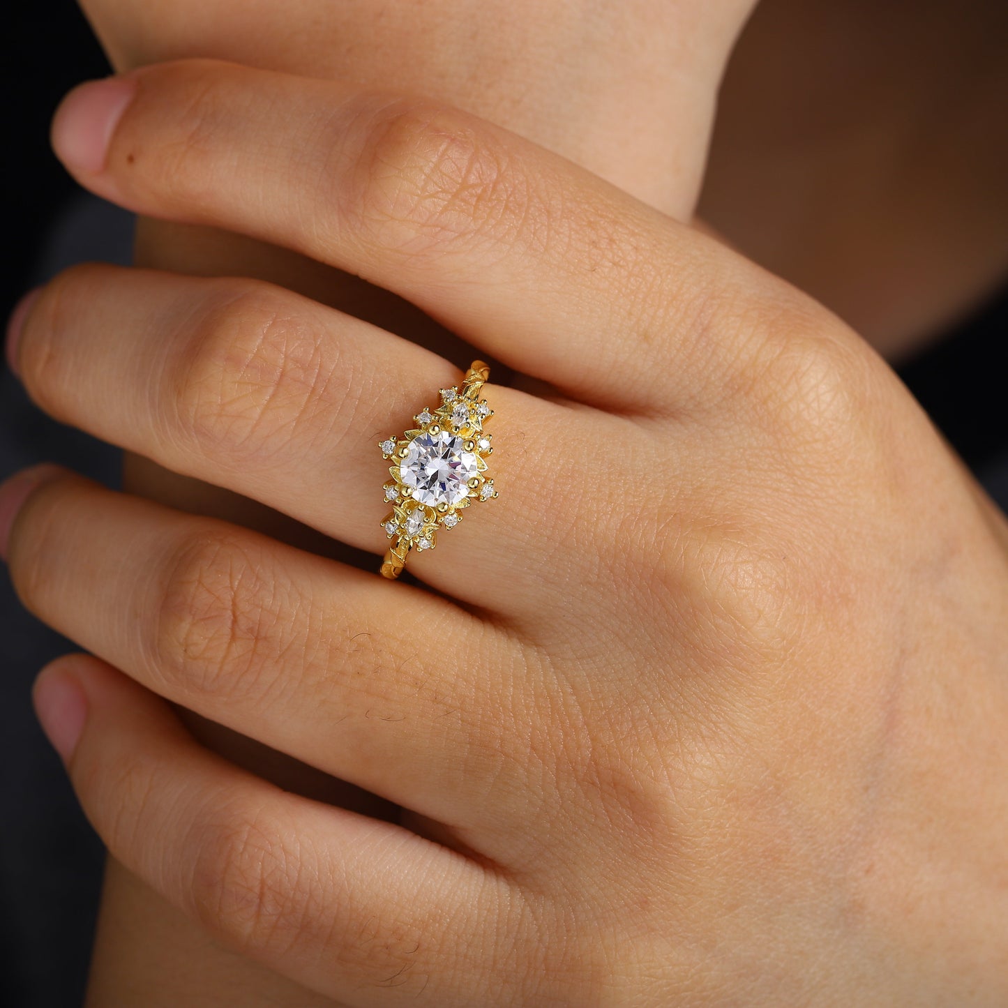 Unique floral engagement rings Rose Three Stone Round Moissanite Ring