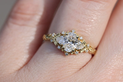 Unique Briar Rose Three Stone Oval Moissanite Ring