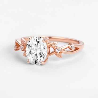 Unique floral engagement rings Oval Moissanite Leafy Engagement Ring