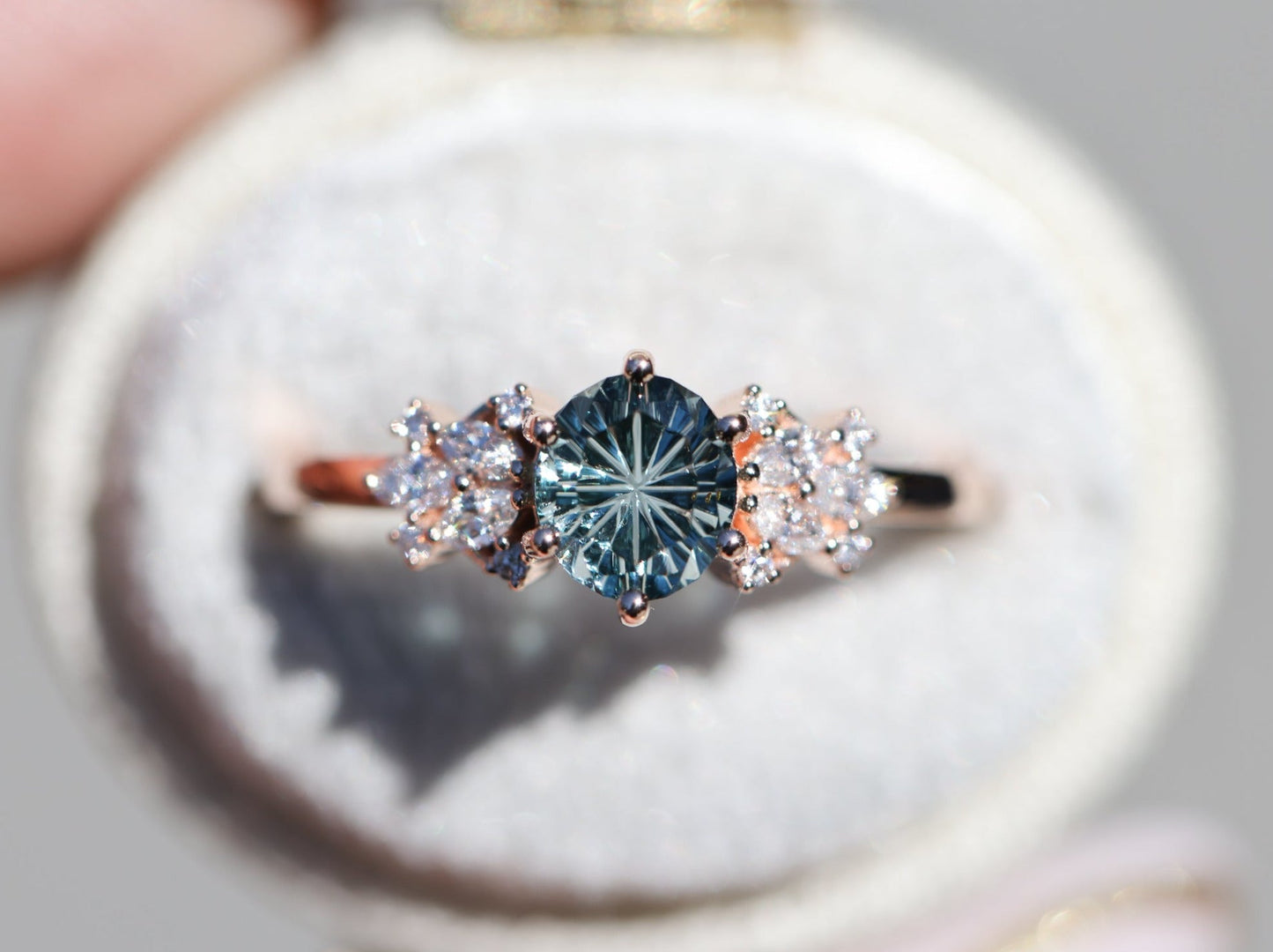 Unique Briar Rose Starbrite Cut Round Green Sapphire Engagement Ring
