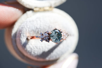 Unique Briar Rose Starbrite Cut Round Green Sapphire Engagement Ring