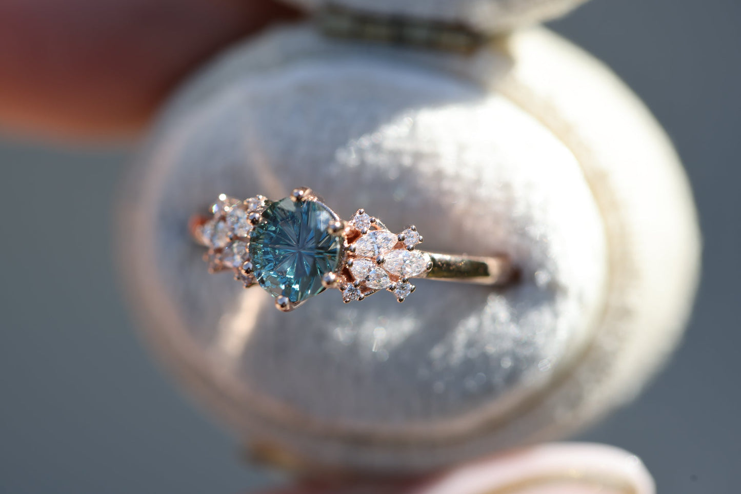 Unique Briar Rose Starbrite Cut Round Green Sapphire Engagement Ring