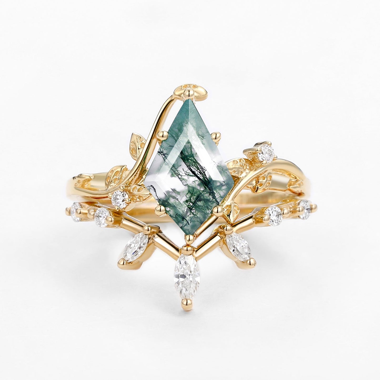 Unique floral engagement rings Kite Moss Agate Engagement Ring Set with Leafy Accents