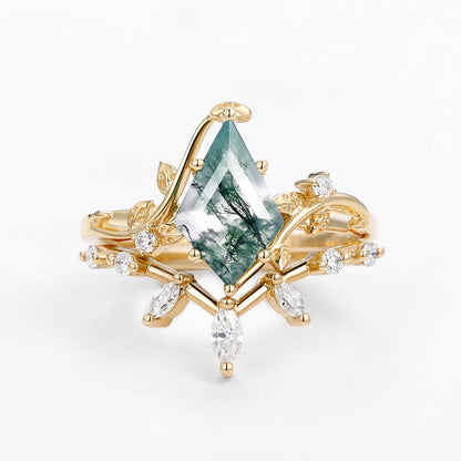 Unique floral engagement rings Kite Moss Agate Engagement Ring Set with Leafy Accents