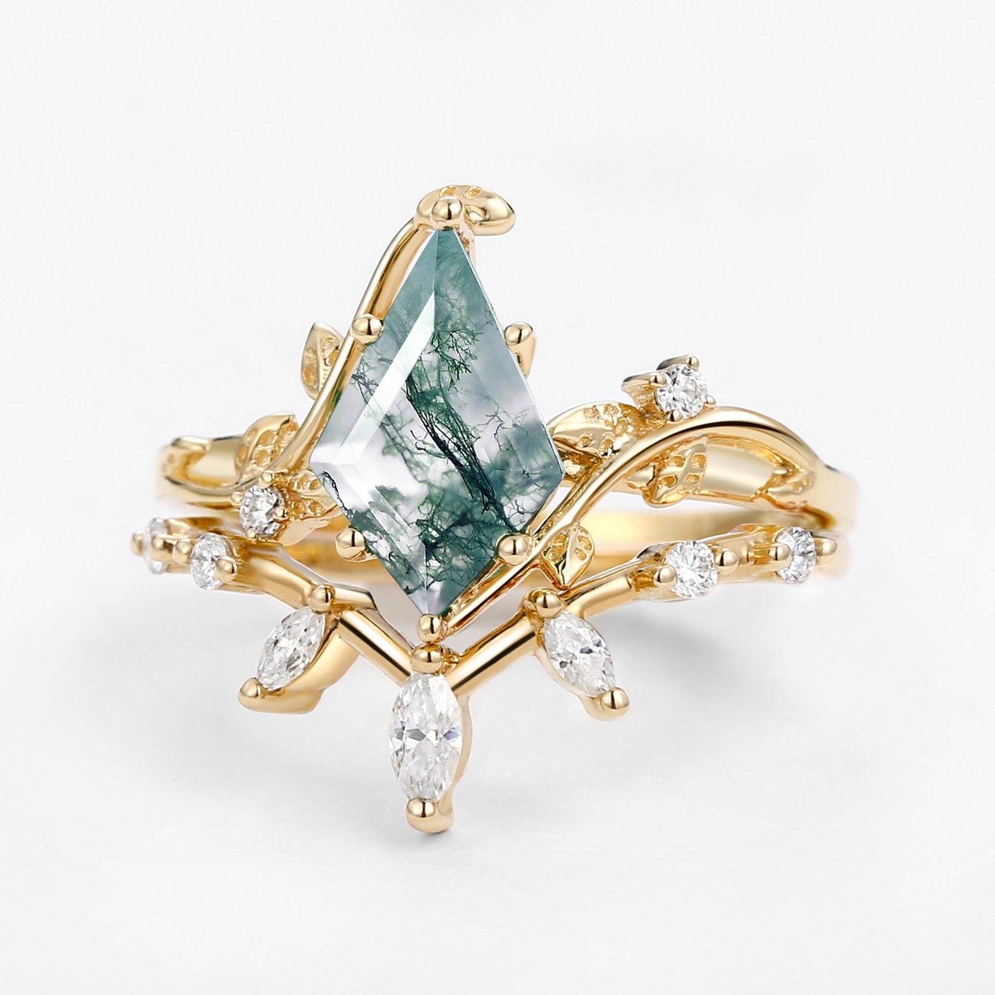 Unique floral engagement rings Kite Moss Agate Engagement Ring Set with Leafy Accents