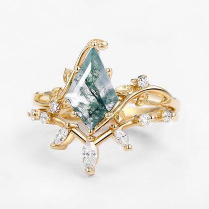 Unique floral engagement rings Kite Moss Agate Engagement Ring Set with Leafy Accents