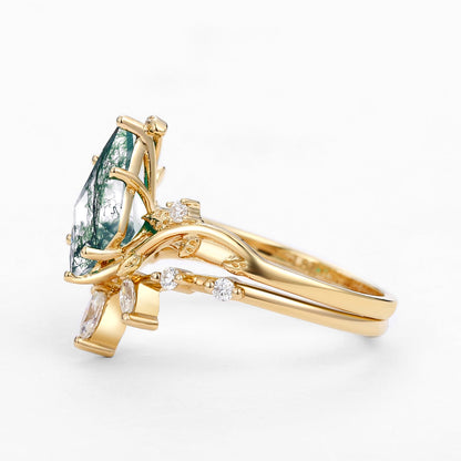 Unique floral engagement rings Kite Moss Agate Engagement Ring Set with Leafy Accents