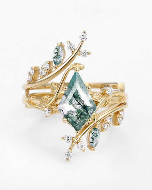 Unique floral engagement rings Kite Moss Agate Cage Leafy Engagement Ring Set