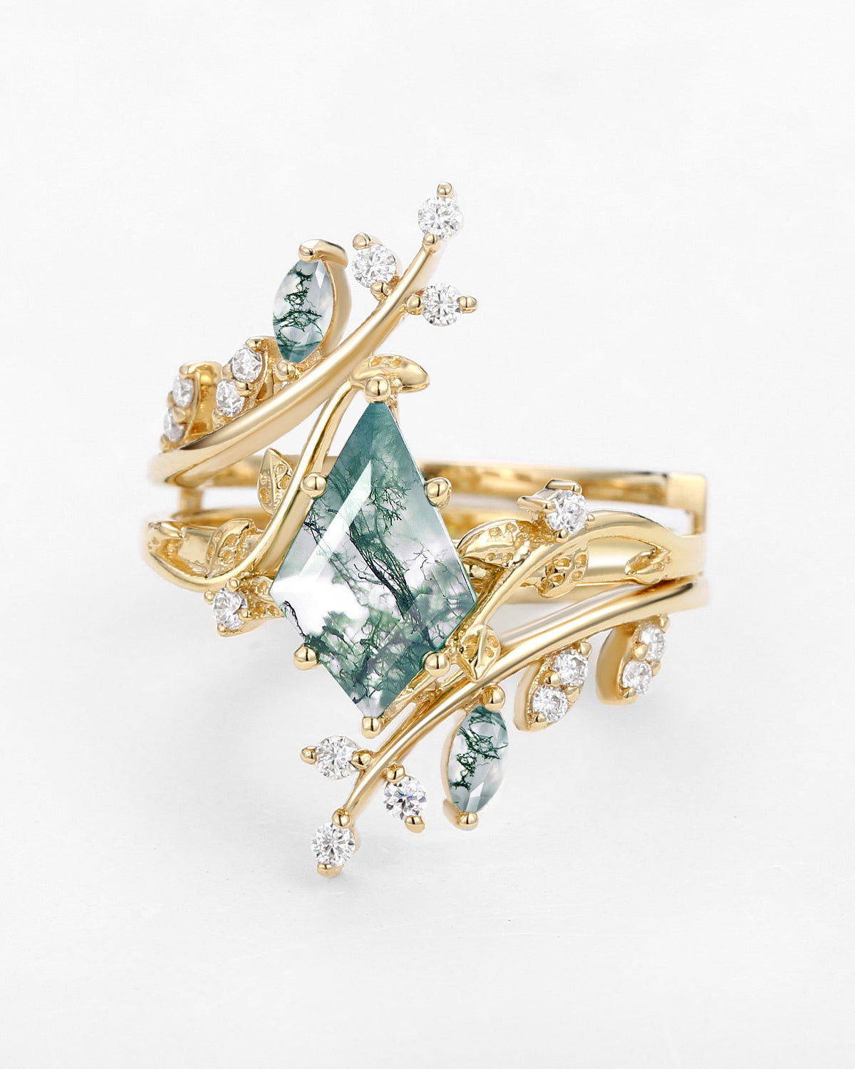 Unique floral engagement rings Kite Moss Agate Cage Leafy Engagement Ring Set