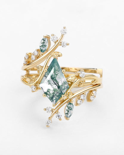 Unique floral engagement rings Kite Moss Agate Cage Leafy Engagement Ring Set