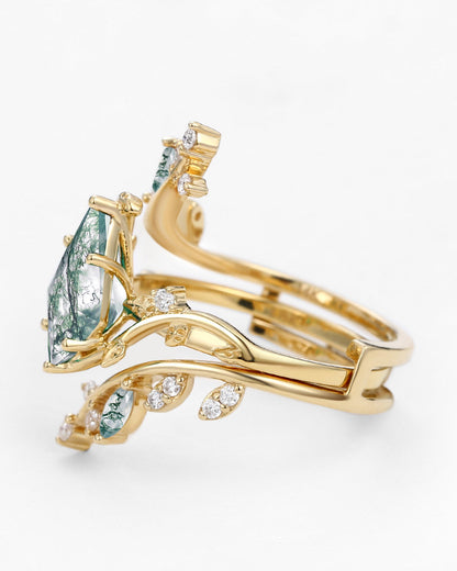 Unique floral engagement rings Kite Moss Agate Cage Leafy Engagement Ring Set