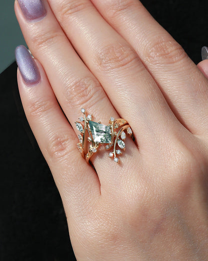 Unique floral engagement rings Kite Moss Agate Cage Leafy Engagement Ring Set