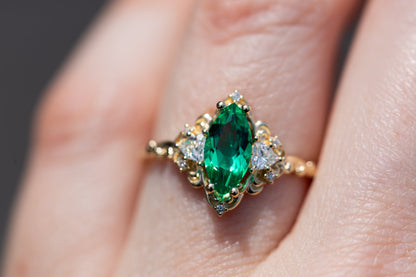 Unique Aurora Three Stone Marquise Lab Emerald Ring