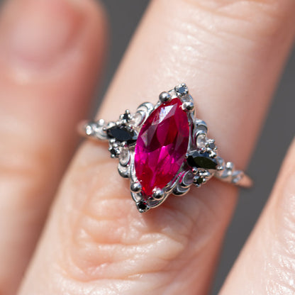 Unique Aurora Three Stone Marquise Ruby and Black Onyx Ring