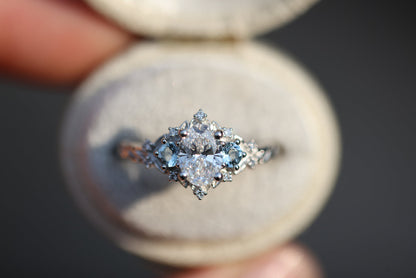 Unique Celeste Rose Three Stone Oval Moissanite and Lab Aquamarine Ring