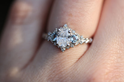 Unique Celeste Rose Three Stone Oval Moissanite and Lab Aquamarine Ring