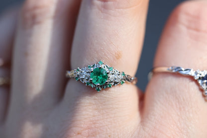 Unique Briar Rose Three Stone Round Lab Emerald Ring
