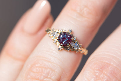 Unique Floral Rose Three Stone Round Lab Alexandrite Ring