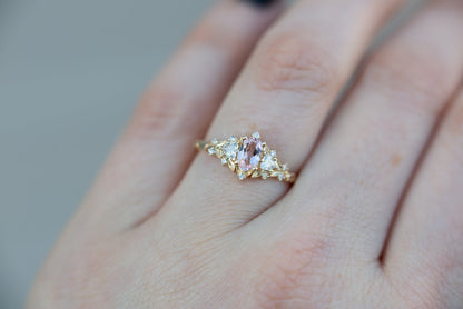 Unique Floral Rose Three Stone Oval Pink Padparadscha Ring