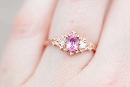 Unique Floral Rose Three Stone Oval  Ring (Sunrise)