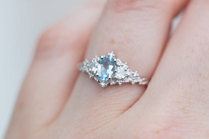 Unique Celeste Rose Three Stone Oval Lab Aquamarine Ring