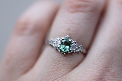 Unique Floral Rose Three Stone Oval Light Green Sapphire Ring