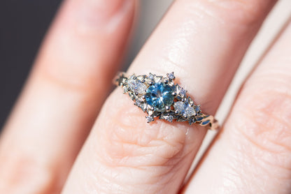 Unique Celeste Rose Round Lab Aquamarine and Moissanite Ring