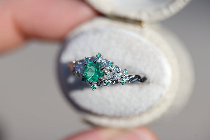 Unique Briar Rose Three Stone Round Lab Emerald Ring