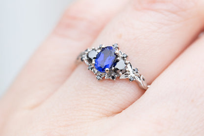 Unique Floral Rose Three Stone Oval Lab Blue Sapphire and Black Moissanite Ring