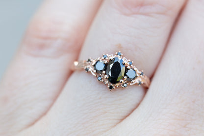 Unique Celeste Rose Three Stone Oval Black Moissanite Ring