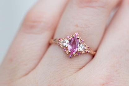 Unique Floral Rose Three Stone Marquise Pink Padparadscha and Moissanite Ring