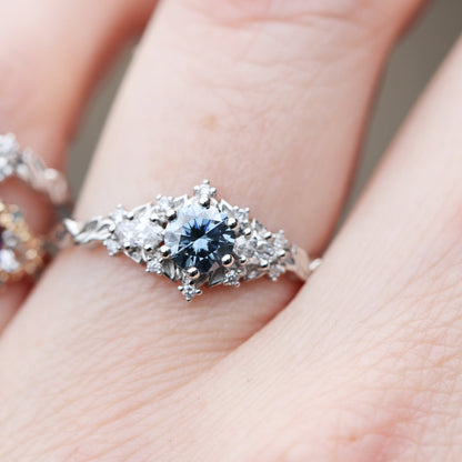 Unique Celeste Rose Three Stone Round Grey Blue Moissanite Ring