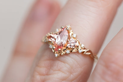 Unique Floral Rose Three Stone Marquise Padparadscha Ring