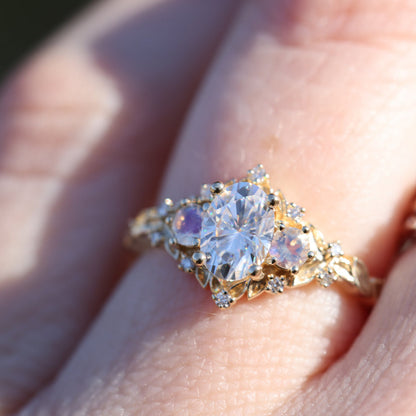 Unique Floral Rose Three Stone Oval Moissanite and Lab Moonstone Ring