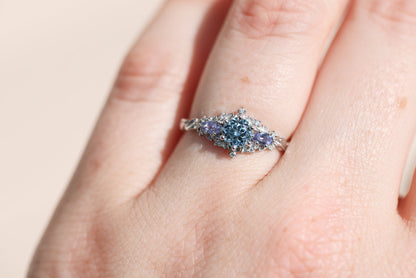 Unique Celeste Rose Three Stone Round Lab Aquamarine Ring